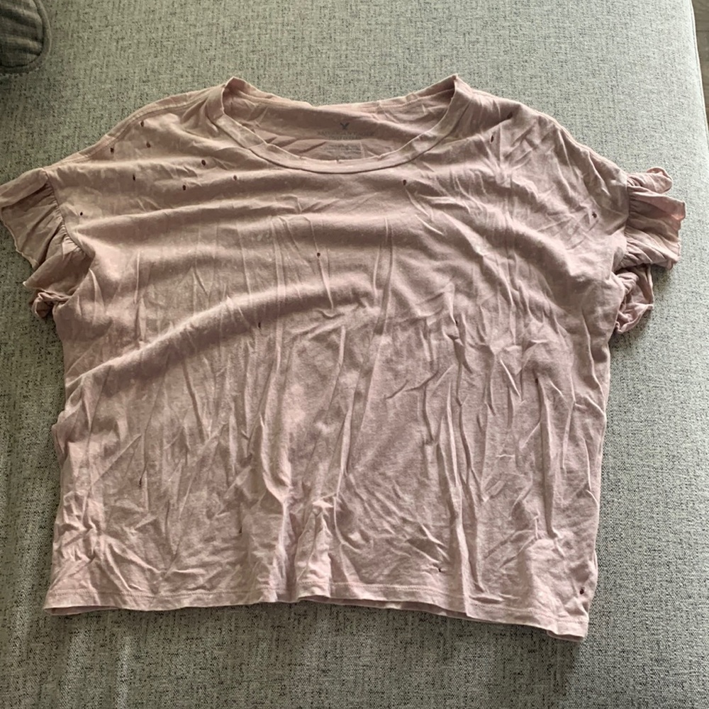 Pink distressed crop t-shirt with ruffle sleeve